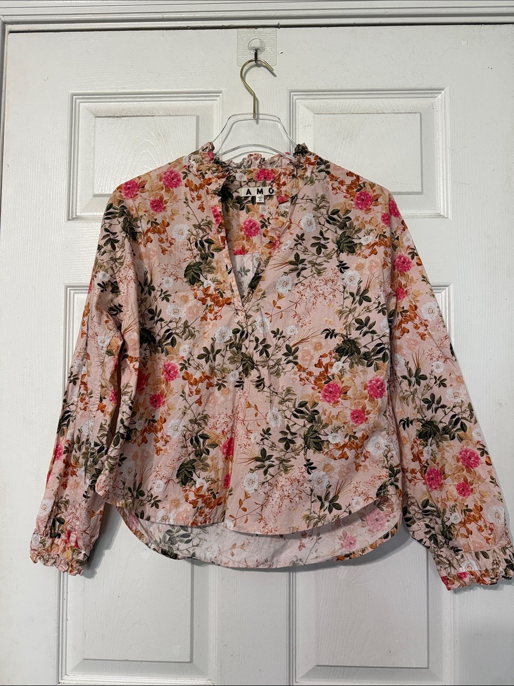 AMO Rosa Ruffle Floral Pima Cotton Popover Blouse Size XS - Picture 3 of 7